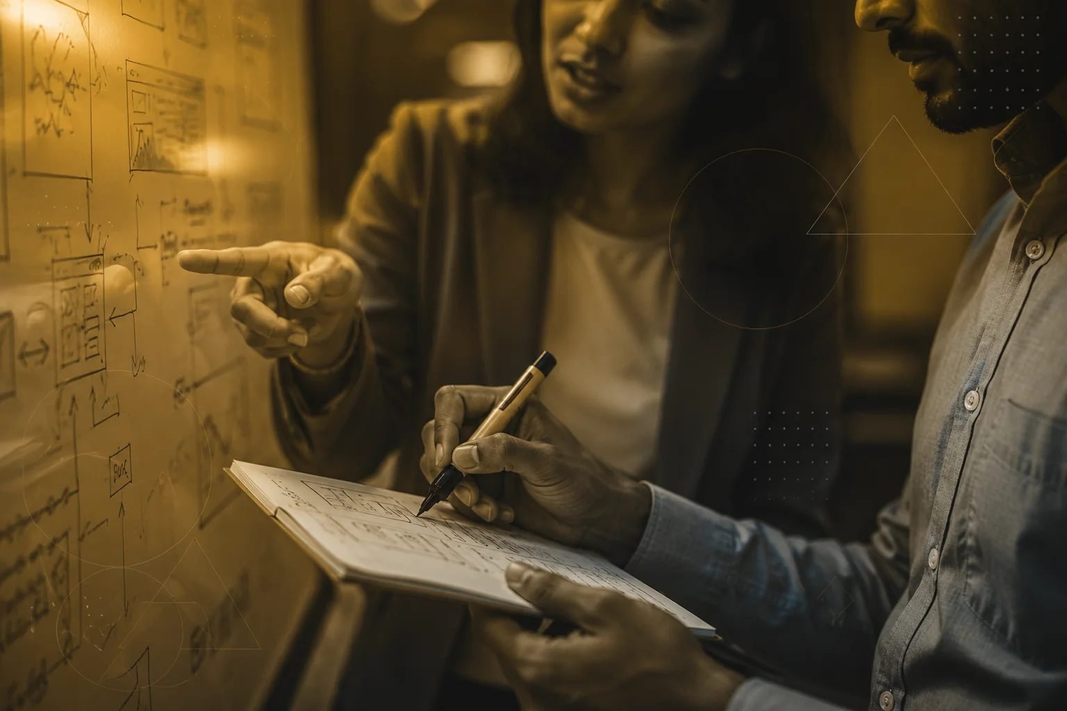 Consultant pointing at a strategy whiteboard while a colleague takes notes, Imbue Horizon