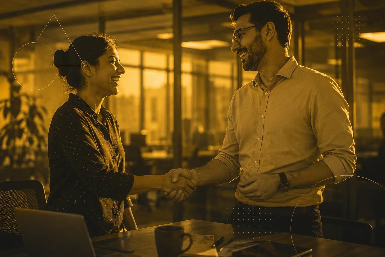 Two colleagues shaking hands over a successful partnership, Imbue Horizon