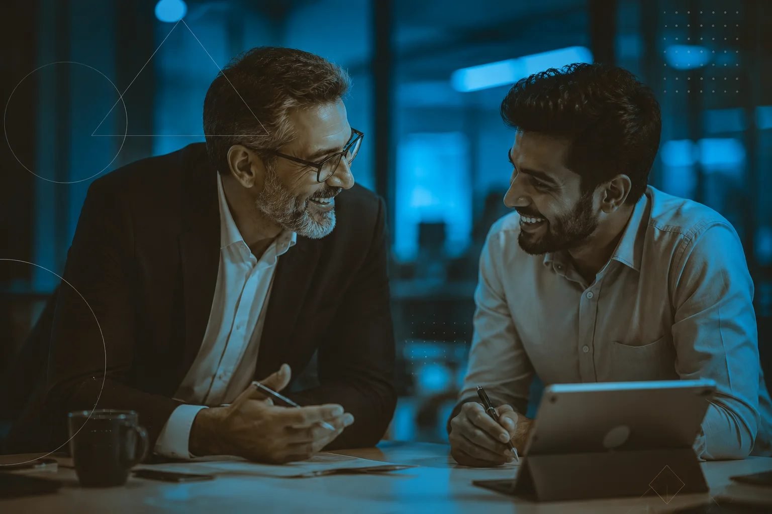 Senior and junior colleague in candid conversation, Imbue Horizon